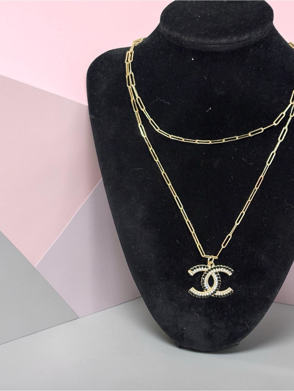 CC Upcycled Stamped Pendant Gold Double-Layer Chain Necklace